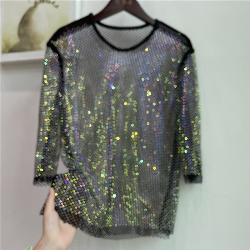 Crystal Mesh Fabric - ColorShiny Diamonds Electric syllable Basic Shirt