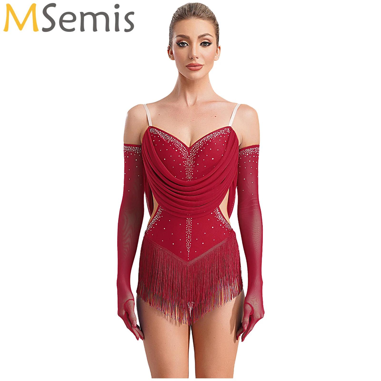Women Ruched Mesh Tassel Latin - đánh giá và giá Rhinestone Banding Trim